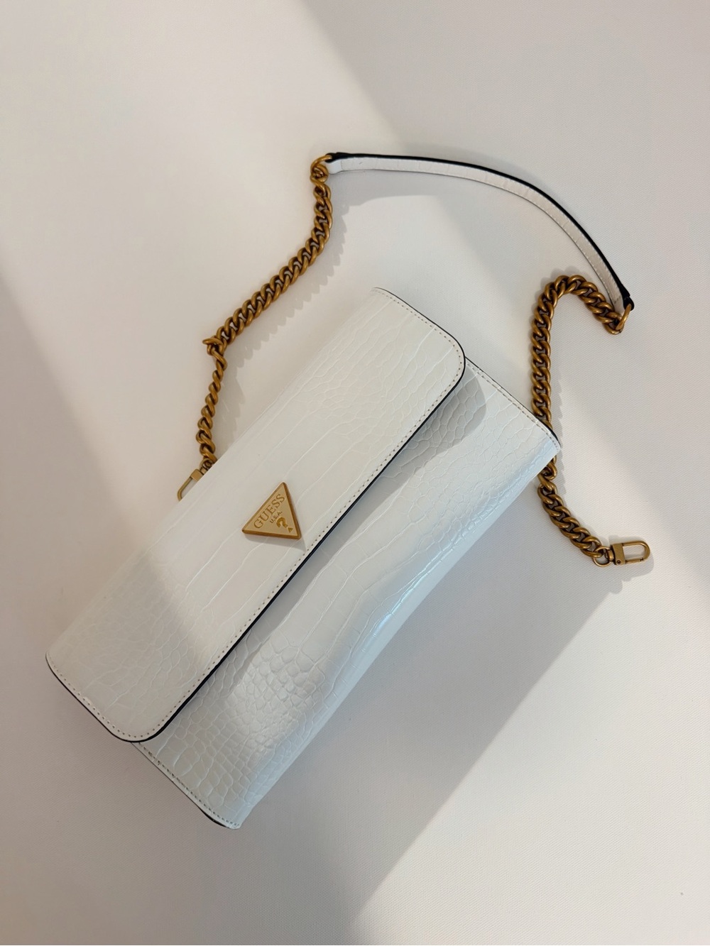 Guess White Croc-Embossed Chain Crossbody Bag
